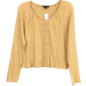 American Eagle Long Sleeve Smocked Top Lace Up Detail Yellow Small NWT